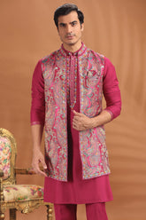 Rani Pink Silk Mirror Embroidered Kurta Pajama with Paisley Print Jacket